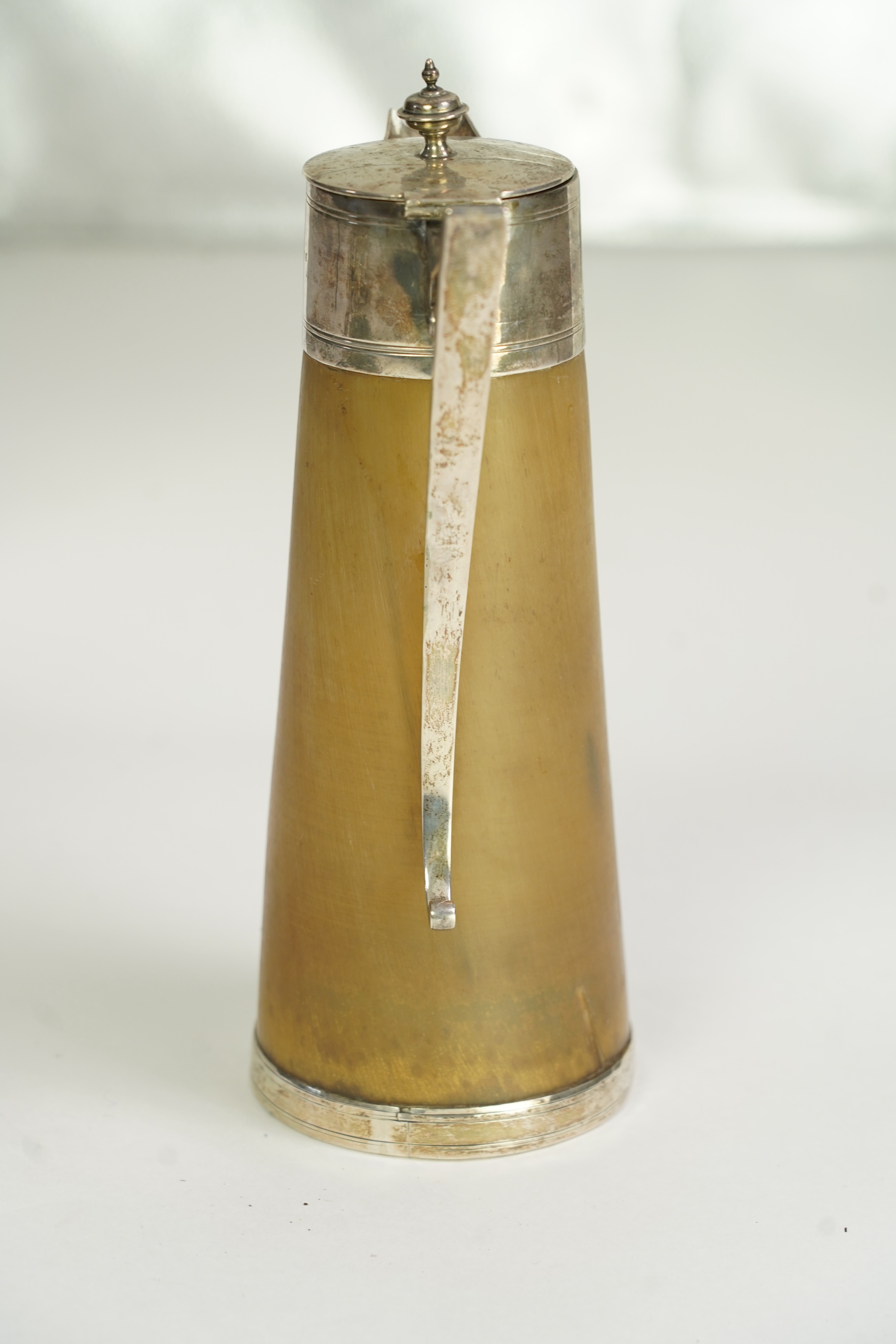 A late Victorian silver mounted horn claret jug and hinged cover, by John Clemmens